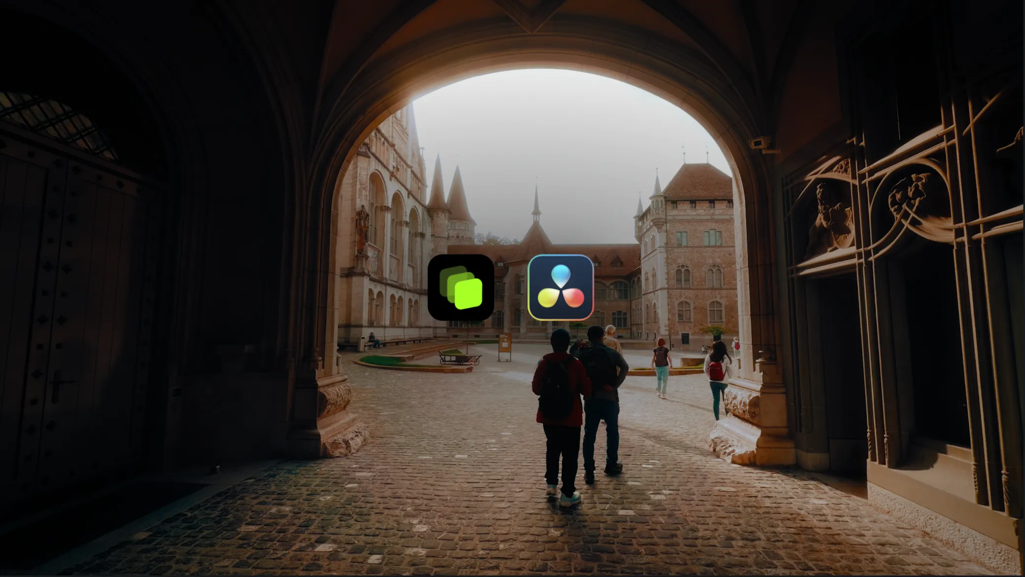 Two people walking through a stone archway into a sunlit castle courtyard, with the LUT Studio and DaVinci Resolve app icons in the center