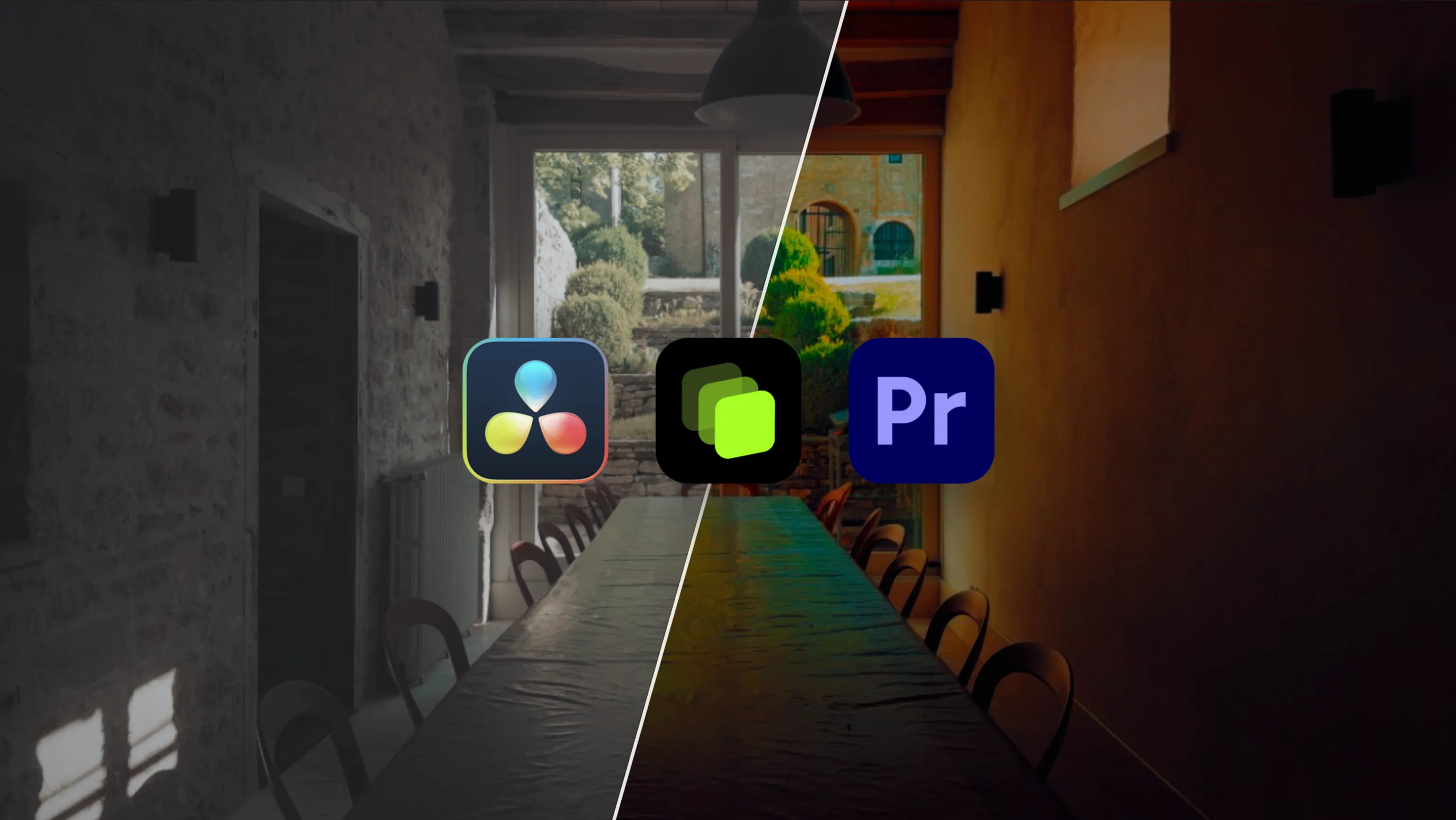 DaVinci Resolve, LUT Studio and Premiere Pro icons over an interior, ungraded on the left and graded on the right