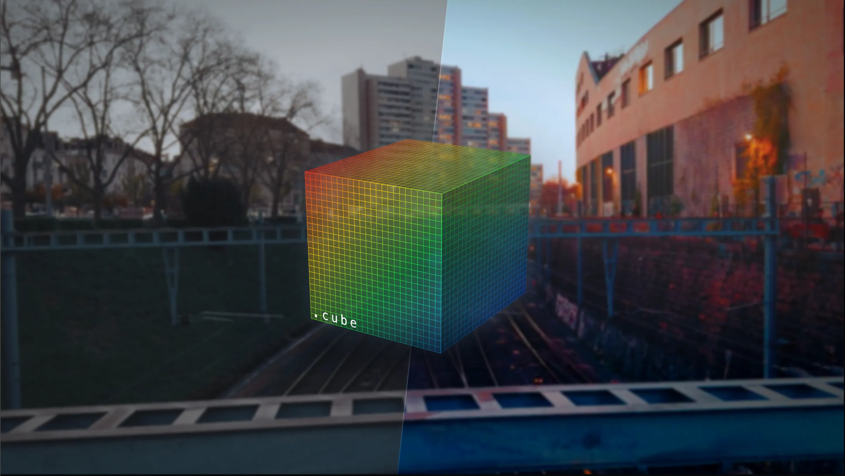 A .cube 3D LUT cube floating over a street scene, ungraded on the left and graded on the right